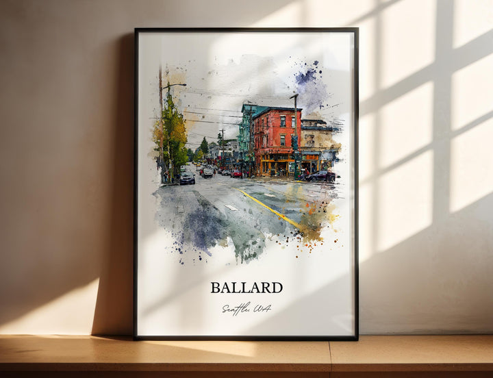 Watercolor Ballard Seattle wall art in a black frame featuring a colorful neighborhood streetscape, a charming Washington city print.