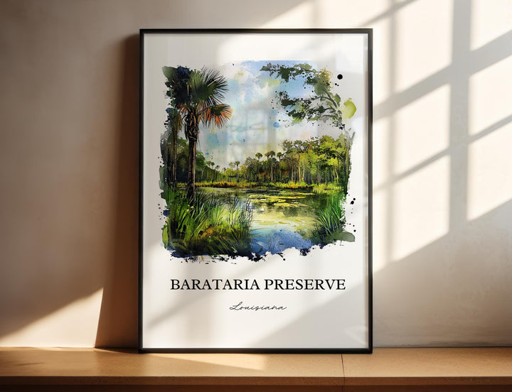 Barataria Preserve Louisiana watercolor wall art in a black frame featuring a tranquil marsh, palm trees, and lush wetland scenery in soft watercolor.