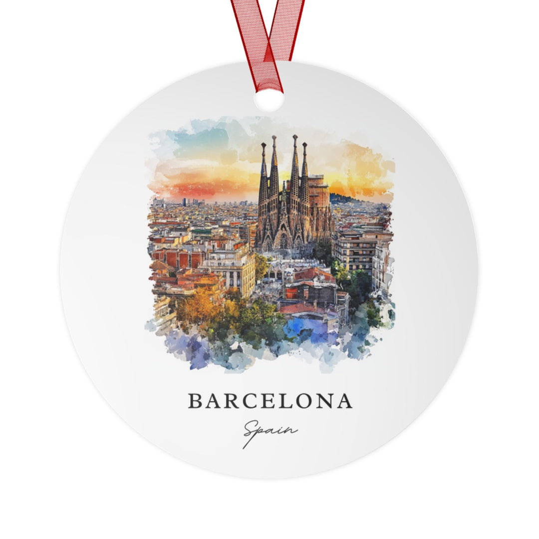 Barcelona Spain holiday ornament with a white finish features the Sagrada Família rising above the city at a warm sunset glow.