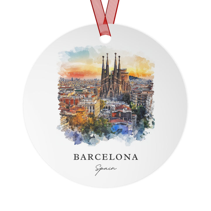 Barcelona Spain holiday ornament with a white finish features the Sagrada Família rising above the city at a warm sunset glow.