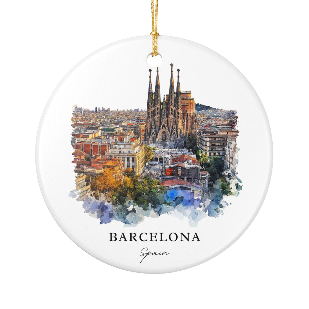 Barcelona Spain holiday ornament with a white finish features the Sagrada Família overlooking the city in warm sunset colors.