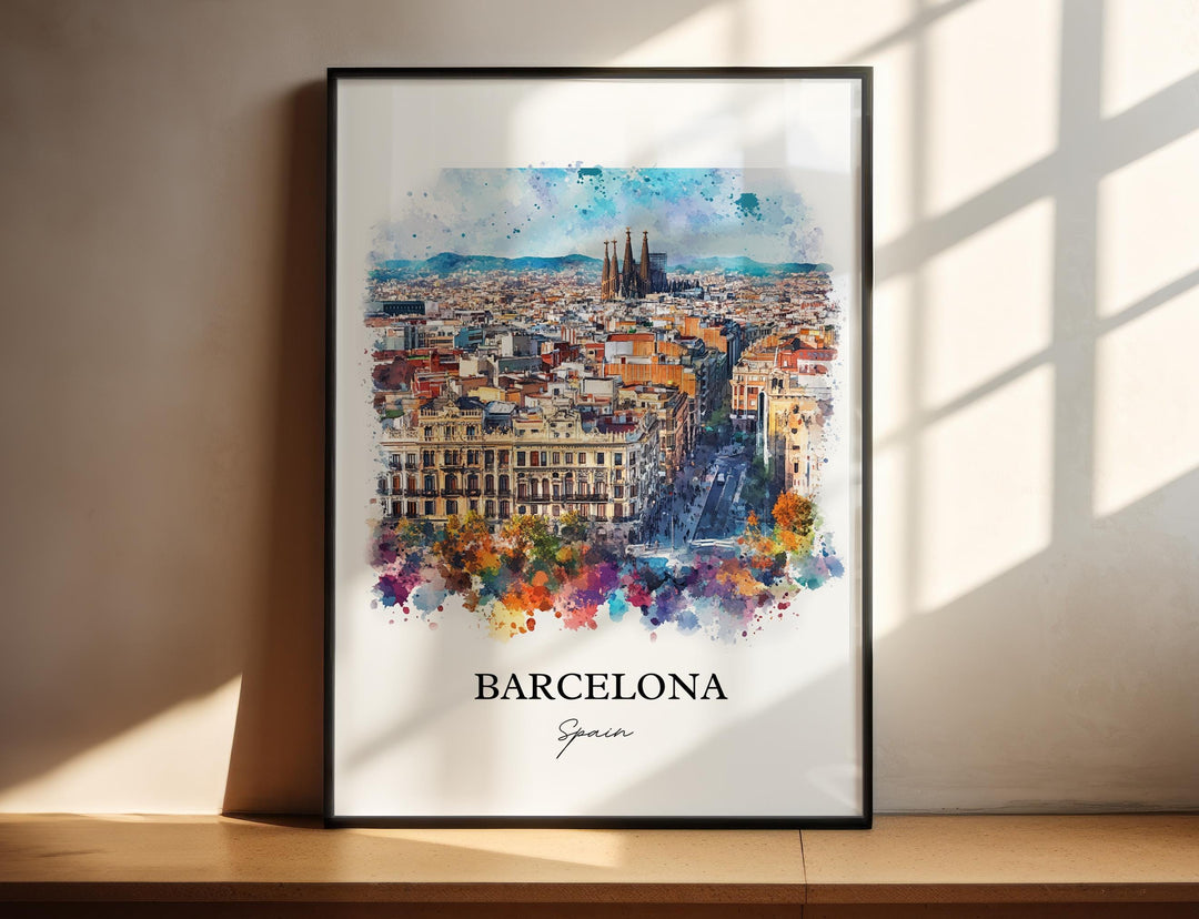 Barcelona Spain watercolor wall art in a black frame captures the city skyline with the Sagrada Família rising above colorful rooftops.