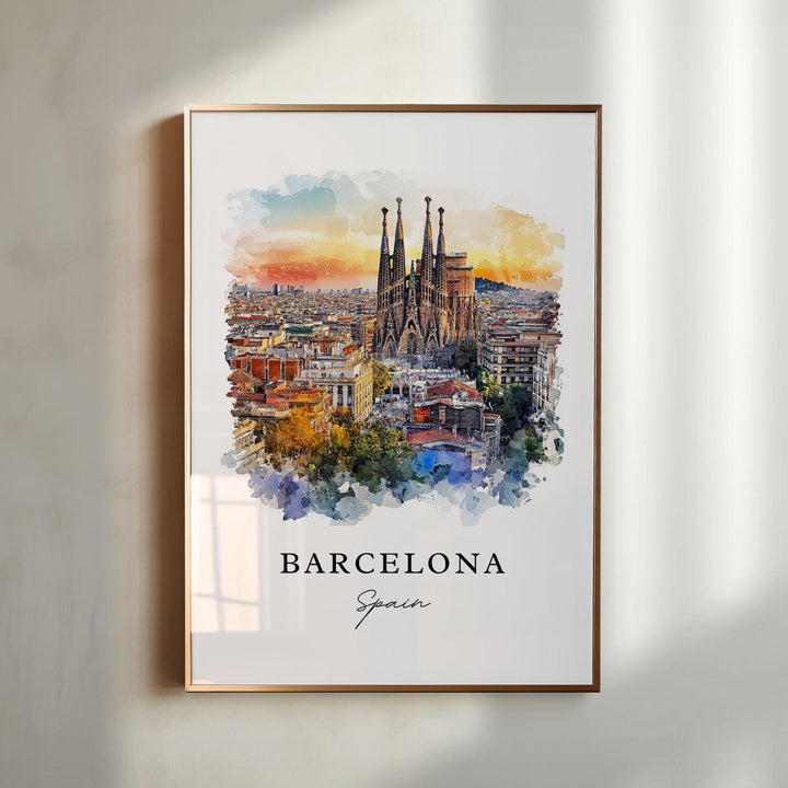 Barcelona Spain watercolor wall art in a gold frame showcases the Sagrada Família above colorful rooftops at sunset.