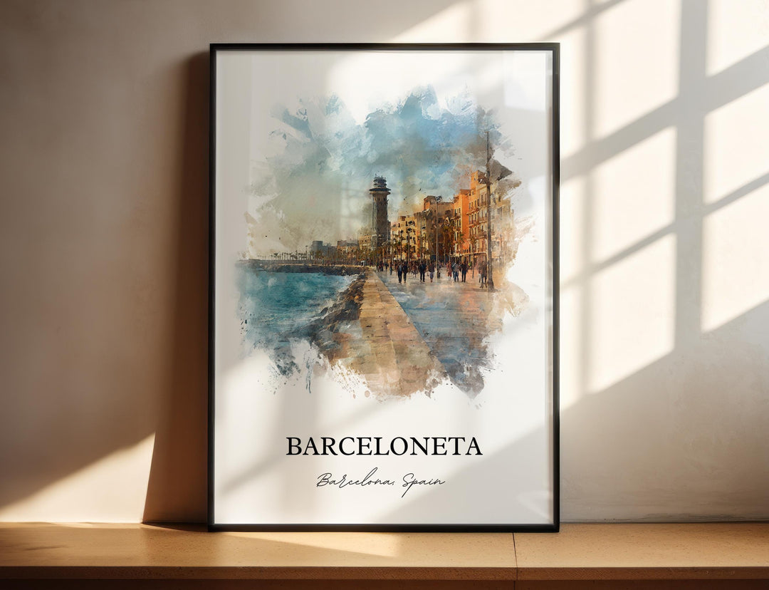 Barceloneta Barcelona Spain watercolor wall art in a black frame captures the seaside promenade, lighthouse, and Mediterranean charm.