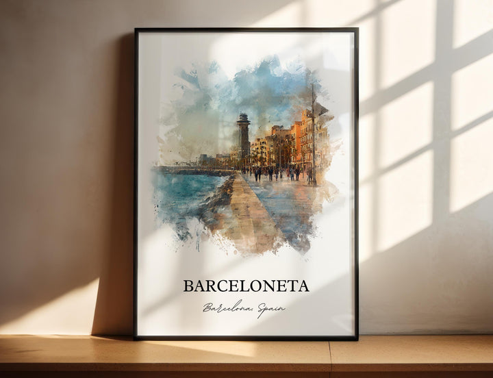 Barceloneta Barcelona Spain watercolor wall art in a black frame captures the seaside promenade, lighthouse, and Mediterranean charm.