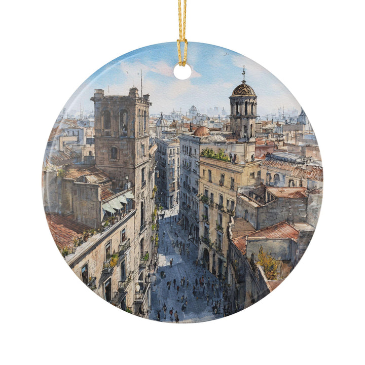 Barri Gòtic Barcelona Spain holiday ornament with a white finish captures historic rooftops and charming old city streets.