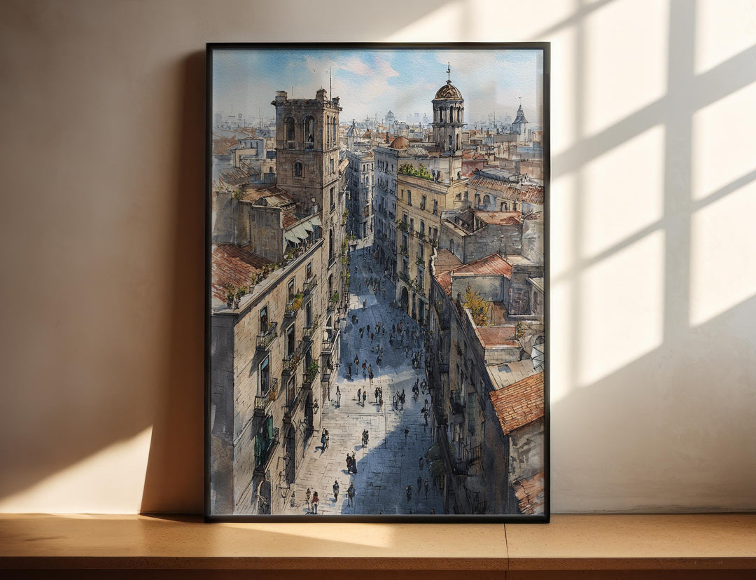 Barri Gòtic Barcelona Spain watercolor wall art in a black frame showcases historic rooftops, stone streets, and classic Old Town charm.