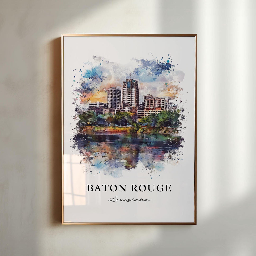 Baton Rouge Louisiana watercolor wall art featuring the city skyline and Mississippi River in a timeless landscape décor print.