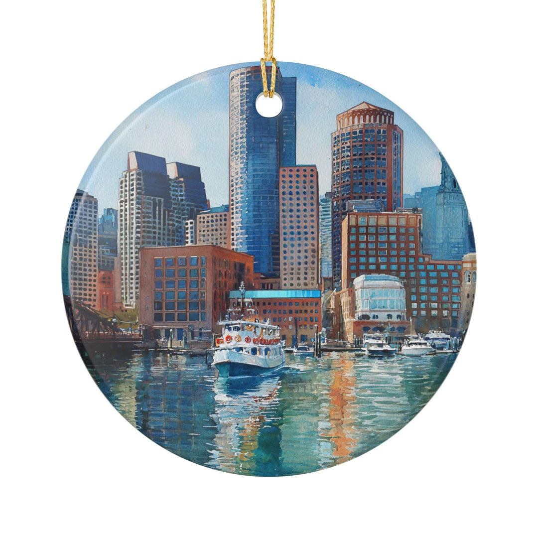 Boston Harbor ceramic ornament featuring the iconic waterfront skyline and harbor reflections, perfect for holidays and gifts.