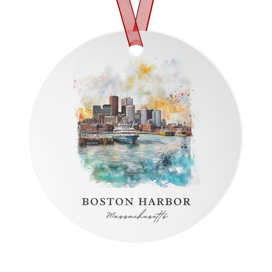 White ceramic Boston Harbor holiday ornament featuring vibrant waterfront artwork, a festive keepsake celebrating Massachusetts coastal charm.