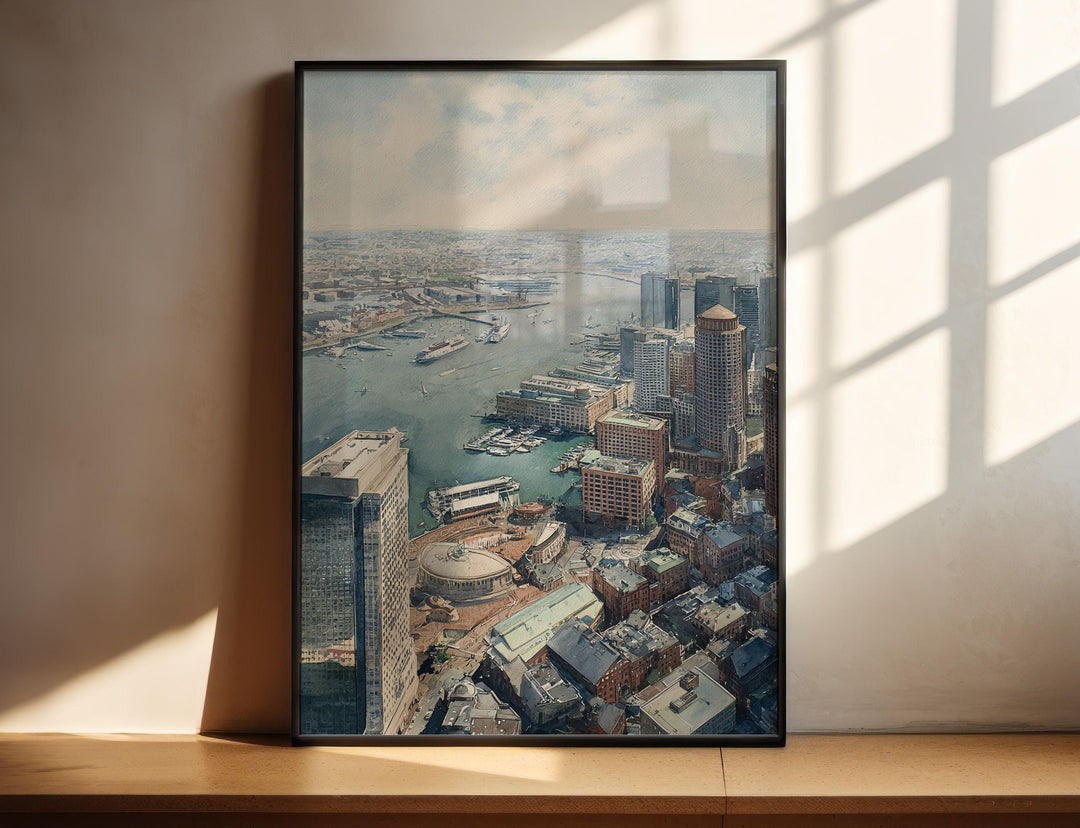 Boston Harbor Massachusetts aerial wall art featuring the iconic waterfront skyline and harbor, perfect for home décor and gifts.