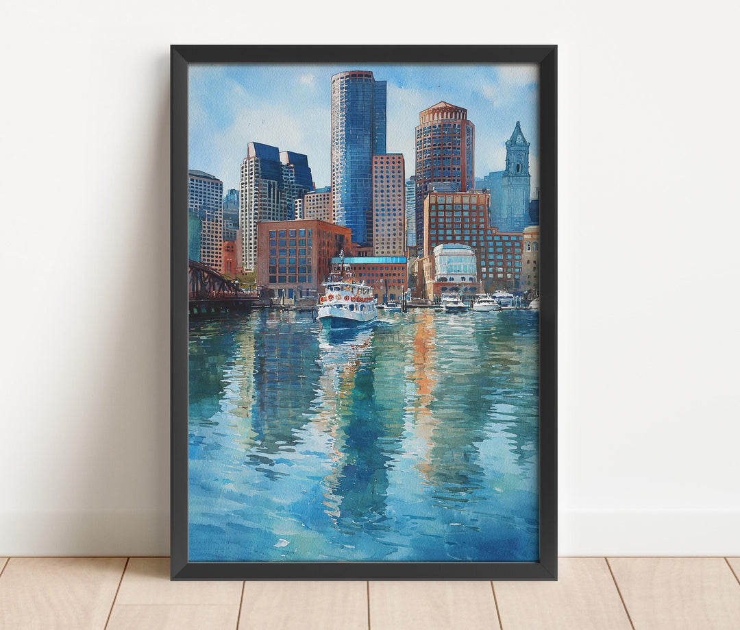 Boston Harbor watercolor wall art featuring the downtown skyline and harbor reflections, perfect for home décor and thoughtful gifts.