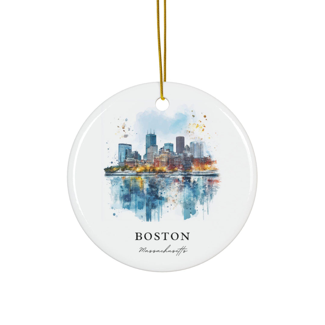 Boston Massachusetts ceramic ornament featuring the iconic skyline with watercolor reflections, perfect for holidays and gifts.