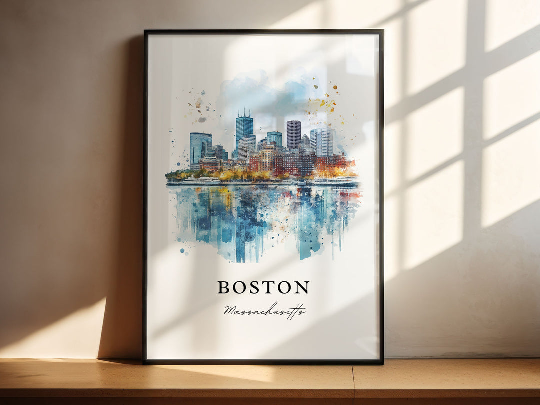 Boston Massachusetts watercolor wall art featuring the iconic skyline and harbor reflections, perfect for home décor and gifts.