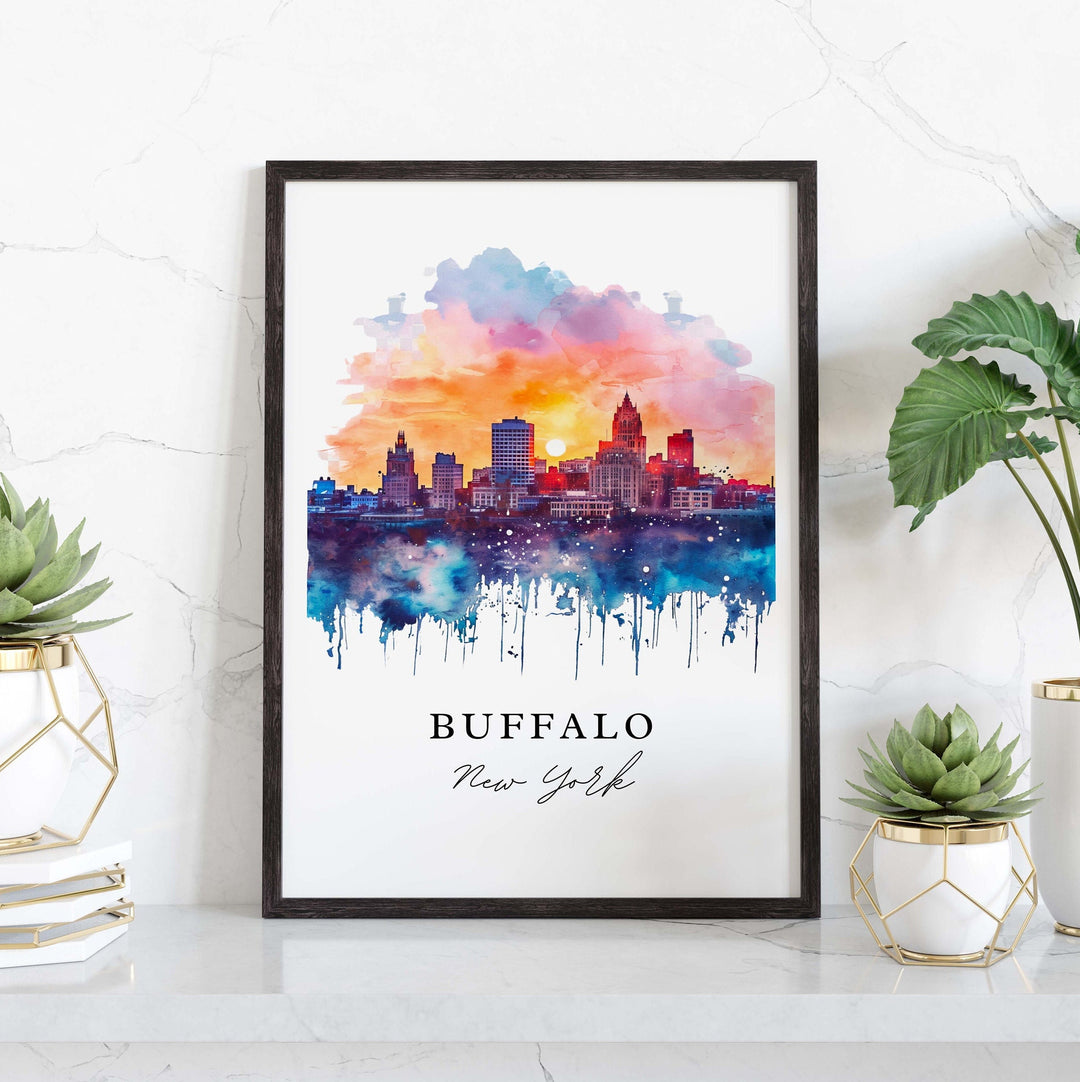 Buffalo New York watercolor wall art in a black frame featuring a colorful downtown skyline at sunset with bold artistic watercolor details.