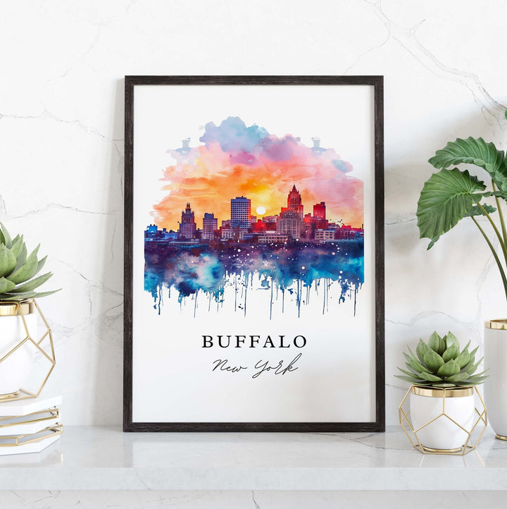 Buffalo New York watercolor wall art in a black frame featuring a colorful downtown skyline at sunset with bold artistic watercolor details.