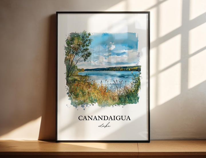 Canandaigua Lake New York watercolor painting featuring a tranquil shoreline  and native grasses.