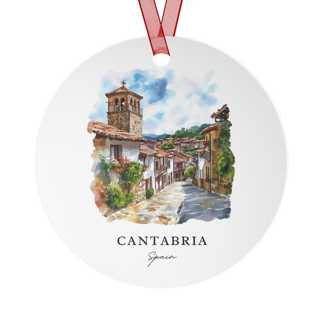 Round ornament with a scenic depiction of Cantabria, Spain, featuring a street and buildings.