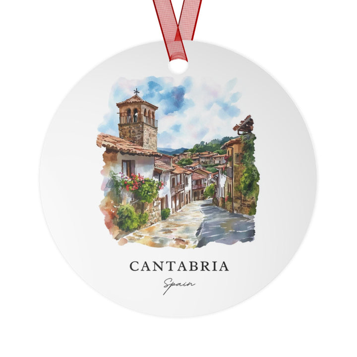 Round ornament with a scenic depiction of Cantabria, Spain, featuring a street and buildings.