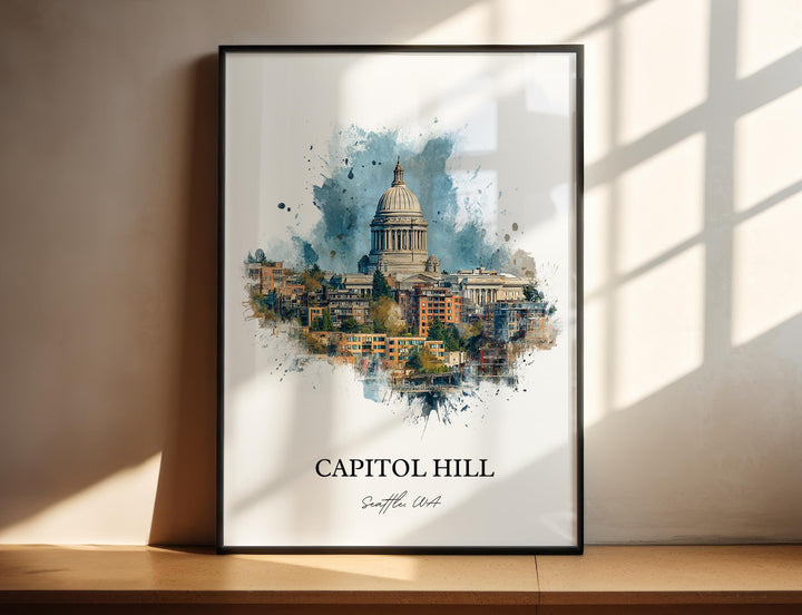 Watercolor Capitol Hill Seattle wall art in a black frame featuring the Washington State Capitol, a vibrant Seattle neighborhood print.