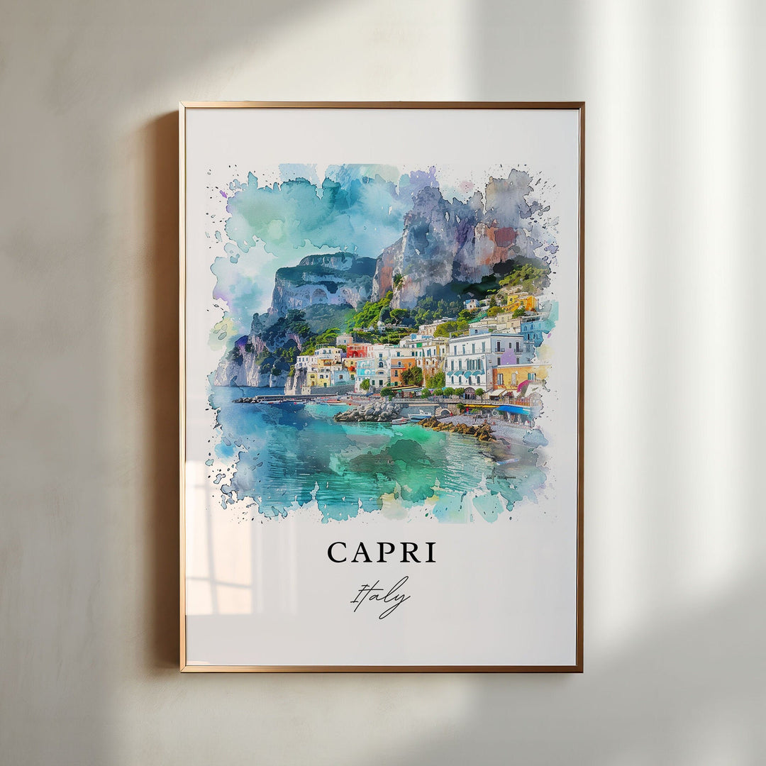 Watercolor Capri Marina Grande coastal wall art in a light wood frame featuring colorful waterfront homes, dramatic sea cliffs, and the sparkling Italian coast.