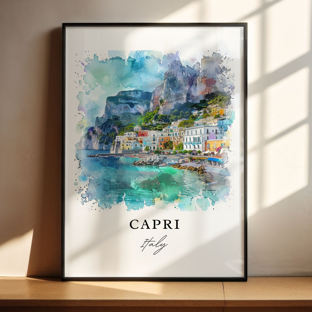 Watercolor Capri Marina Grande wall art in a black frame featuring colorful waterfront homes, dramatic sea cliffs, and the sparkling Italian coast.