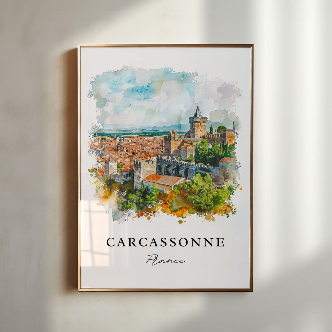 Carcassonne France watercolor wall art in a gold frame featuring medieval stone towers, castle ramparts, terracotta rooftops, and lush greenery.