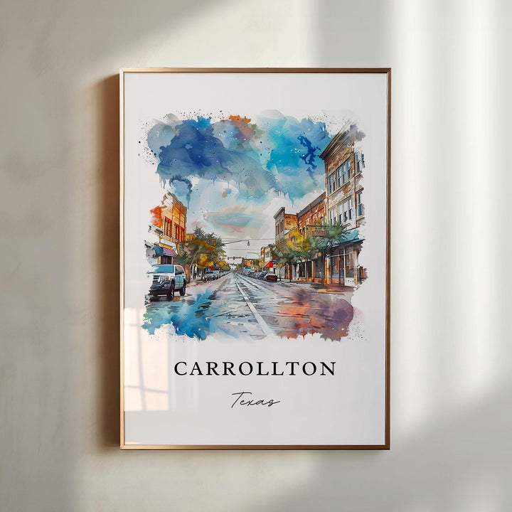 Carrollton Texas watercolor wall art in a gold frame featuring historic downtown storefronts, rain-soaked streets, blue skies, and colorful reflections.
