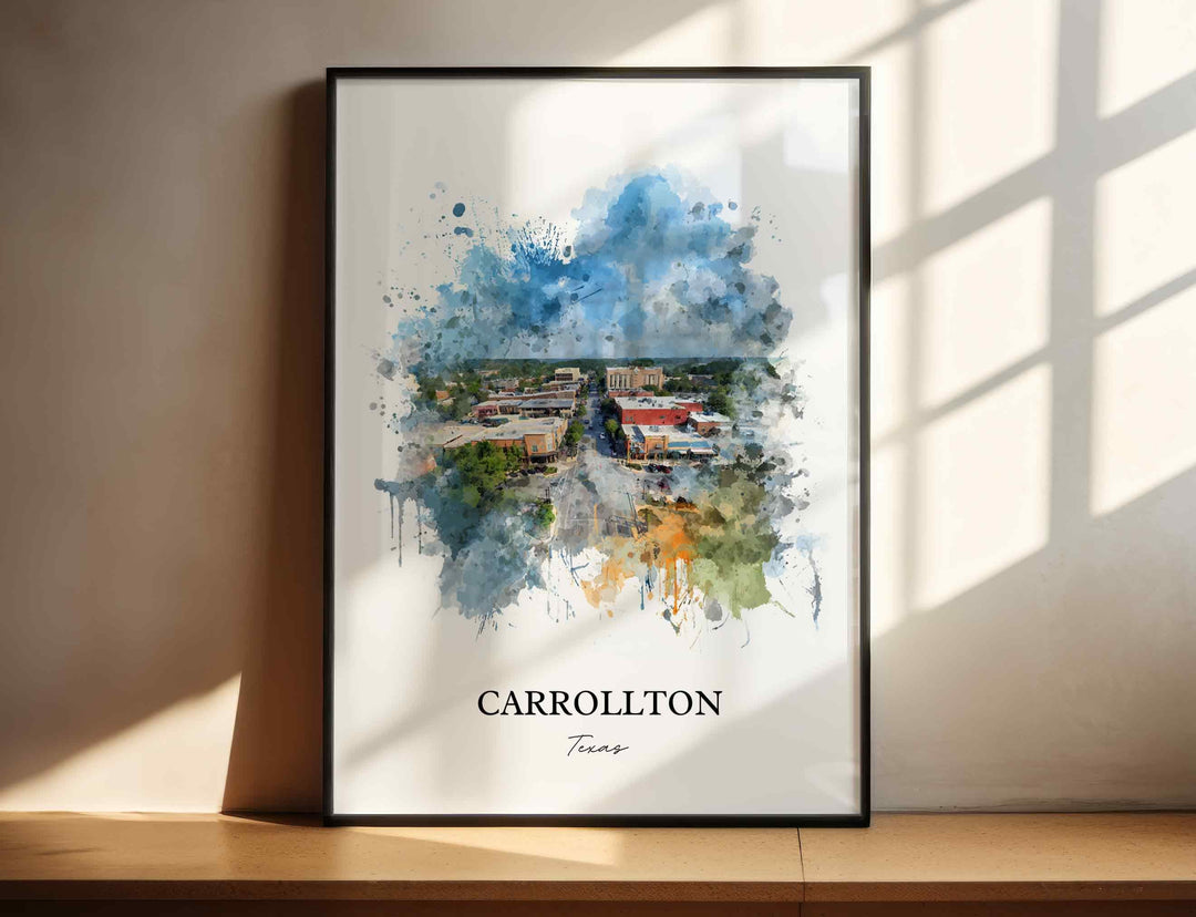 Carrollton Texas watercolor wall art in a black frame featuring an aerial downtown view, soft blue watercolor skies, colorful storefronts, and leafy green streets.