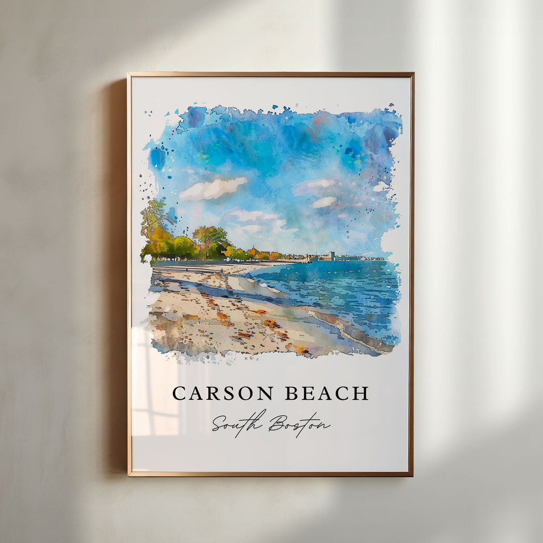 Carson Beach South Boston watercolor wall art featuring a peaceful shoreline and coastal views, perfect for beach homes and gifts.