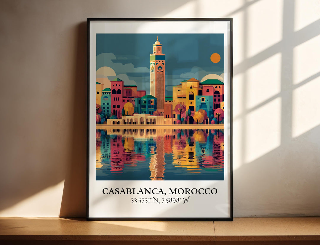 Vibrant minaret reflected in twilight waters.