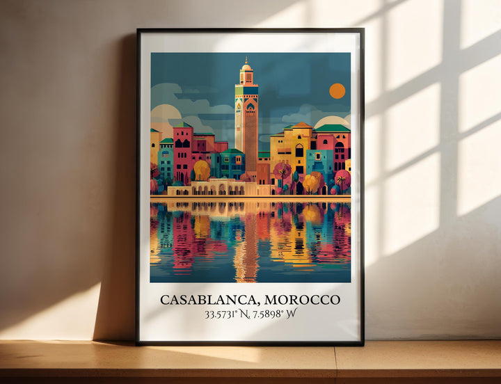 Vibrant minaret reflected in twilight waters.