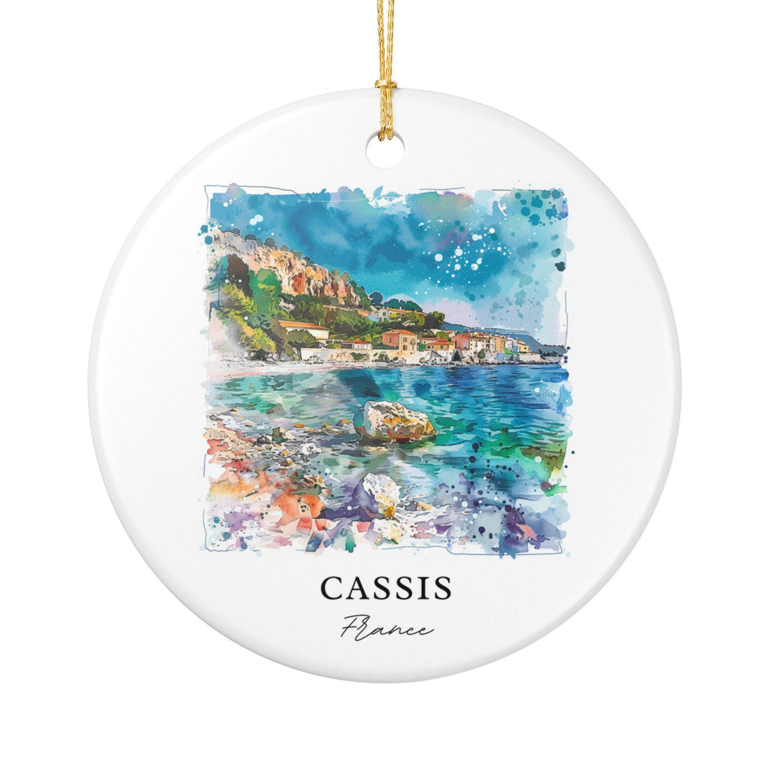 Cassis France white holiday ornament featuring a watercolor Mediterranean shoreline with turquoise waters and charming seaside homes.