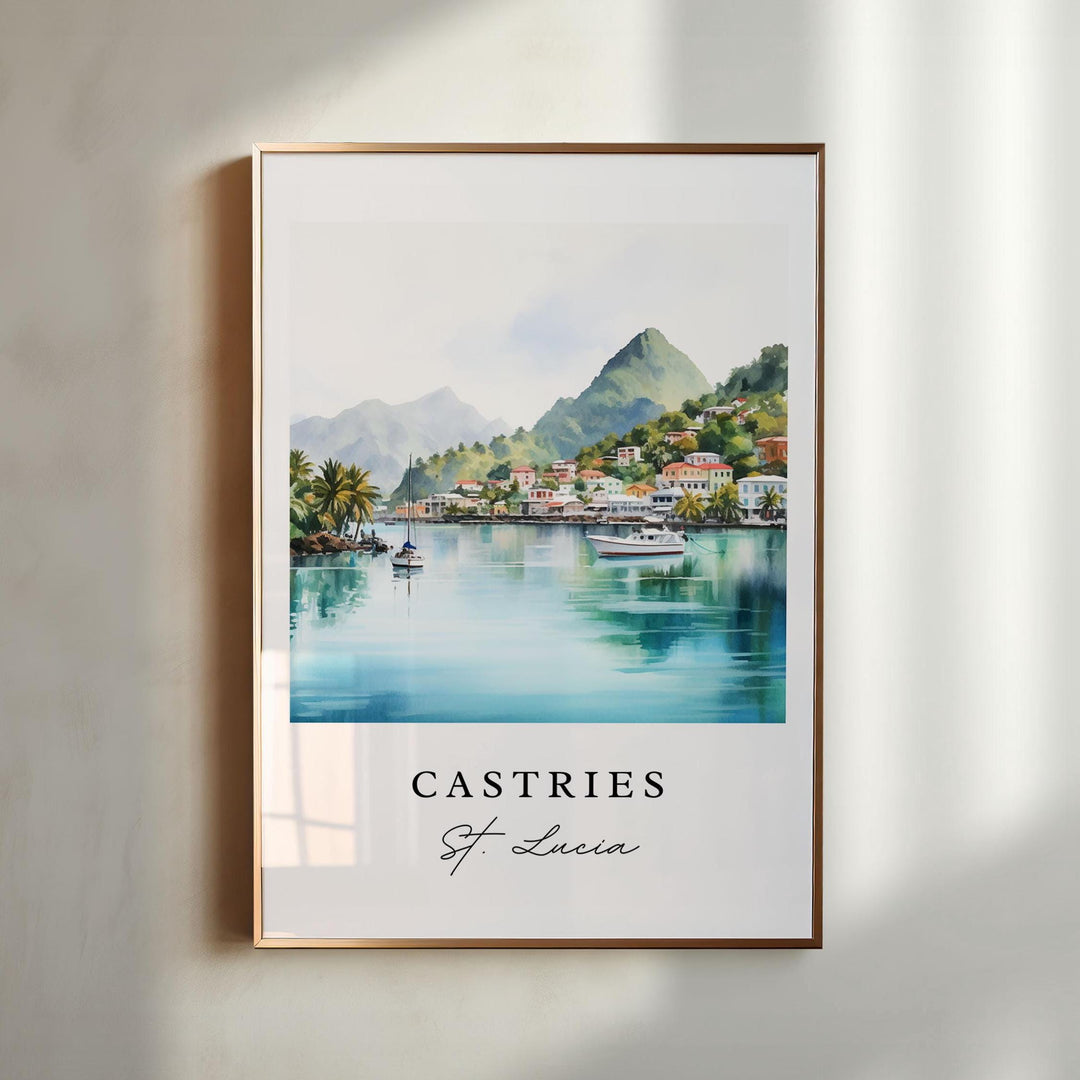 Watercolor Castries Harbor wall art in a light wood frame featuring tranquil waterfront, sailboats, and lush St. Lucia hills, a tropical Caribbean print.