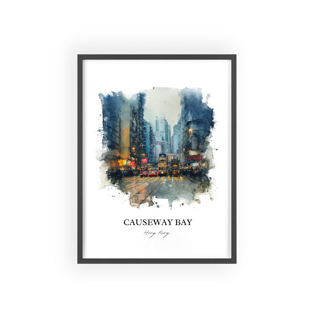 Causeway Bay Hong Kong watercolor wall art in a black frame captures glowing city streets and iconic trams in a vibrant urban scene.
