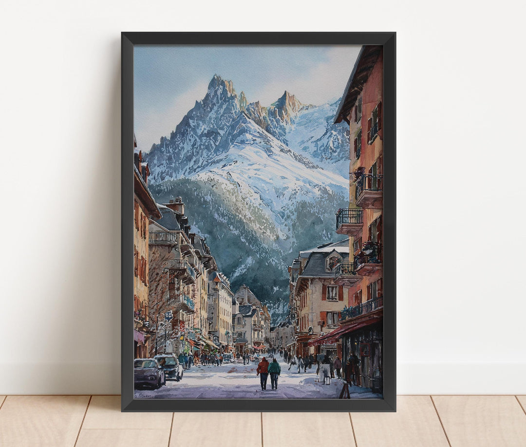 Beautiful Chamonix France watercolor painting featuring a bustling Alpine village beneath the dramatic Aiguilles de Chamonix and Mont Blanc range.