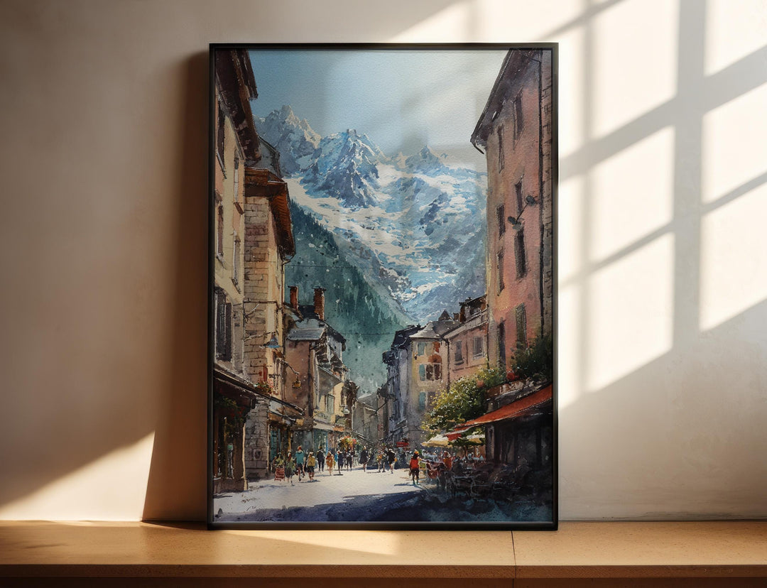 Atmospheric Chamonix France watercolor painting featuring a charming Alpine village street framed by the breathtaking Mont Blanc massif.