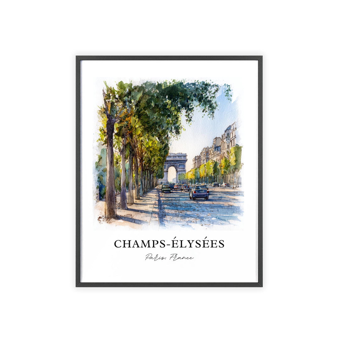 Champs-Élysées Paris France watercolor wall art featuring the Arc de Triomphe and iconic boulevard in an elegant décor print.