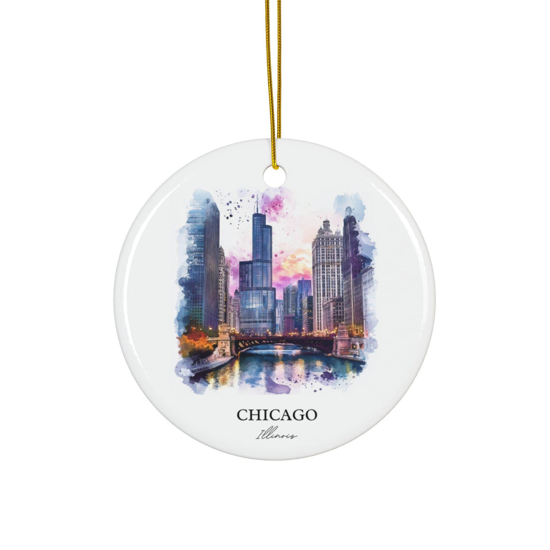 Chicago Illinois watercolor ornament featuring the Chicago River, skyline, and vibrant watercolor detail in a timeless keepsake design.