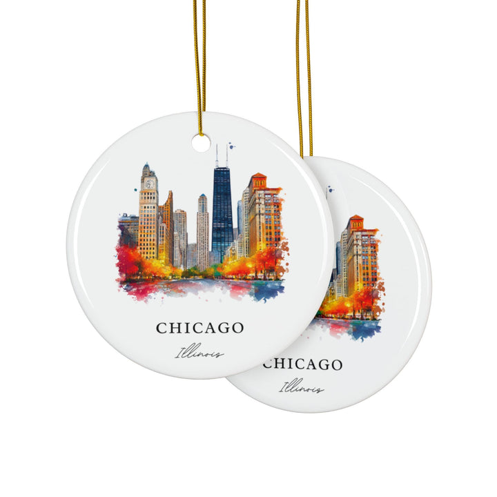 Chicago Illinois watercolor ornament featuring the Magnificent Mile skyline and vibrant watercolor detail in a timeless keepsake design.