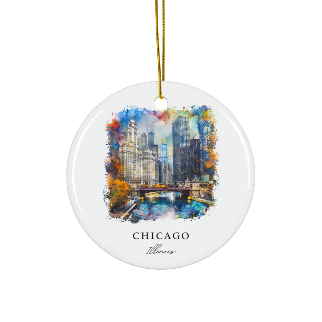 Chicago Illinois watercolor ornament featuring the Chicago River, skyline, and colorful watercolor detail in a timeless keepsake design.