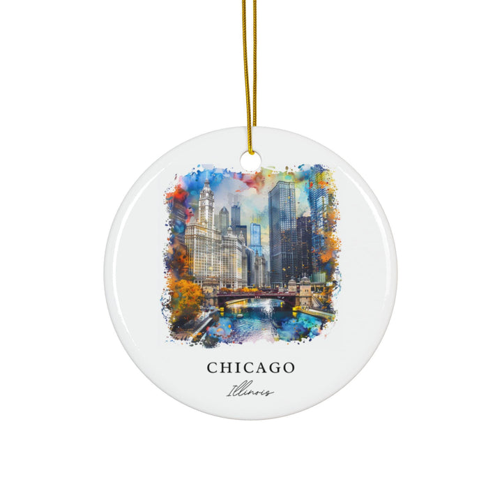 Chicago Illinois watercolor ornament featuring the Chicago River, skyline, and colorful watercolor detail in a timeless keepsake design.