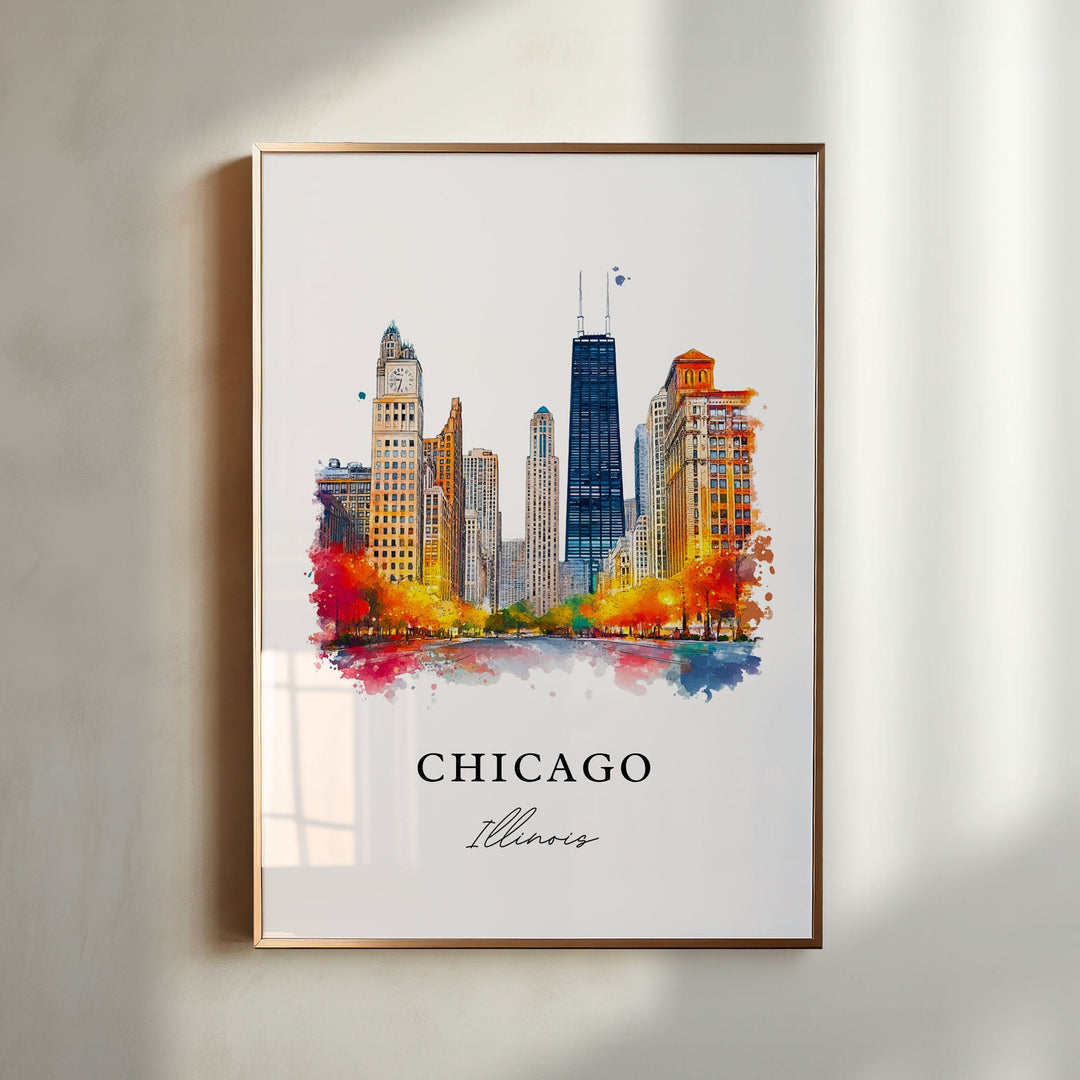 Chicago Illinois watercolor wall art featuring the Magnificent Mile skyline and vibrant watercolor detail in a timeless cityscape design.