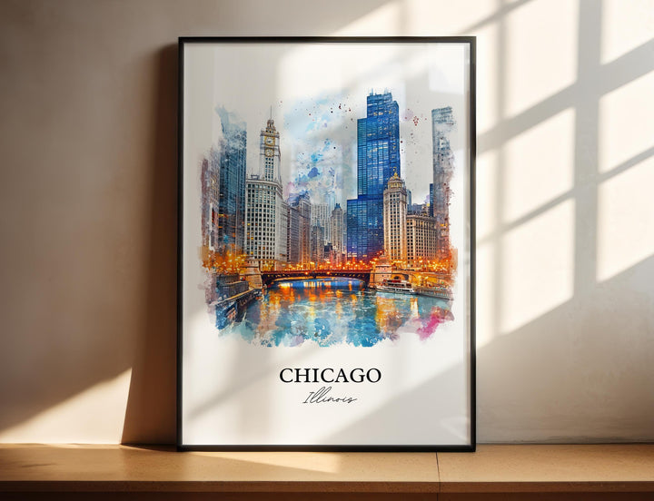 Chicago Illinois watercolor wall art featuring the Chicago River, iconic skyline, and vibrant watercolor detail in a timeless cityscape design.