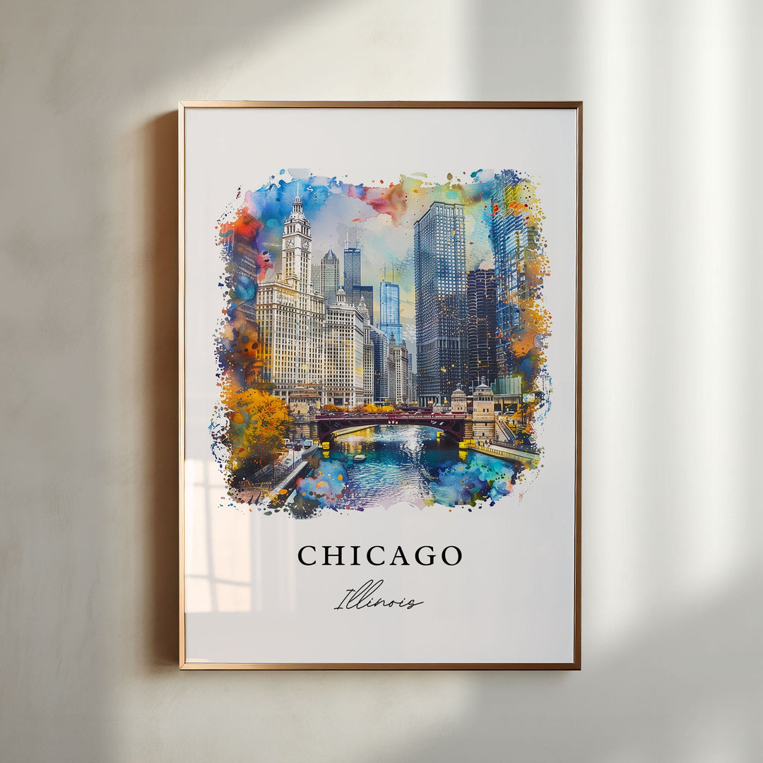 Chicago Illinois watercolor wall art featuring the Chicago River, iconic skyline, and vibrant watercolor detail in a timeless cityscape design.