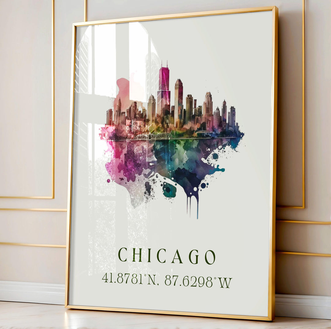 Chicago modern wall art in a gold frame features a colorful watercolor skyline with iconic skyscrapers and bold urban style for home décor.