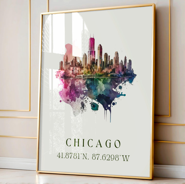 Chicago modern wall art in a gold frame features a colorful watercolor skyline with iconic skyscrapers and bold urban style for home décor.