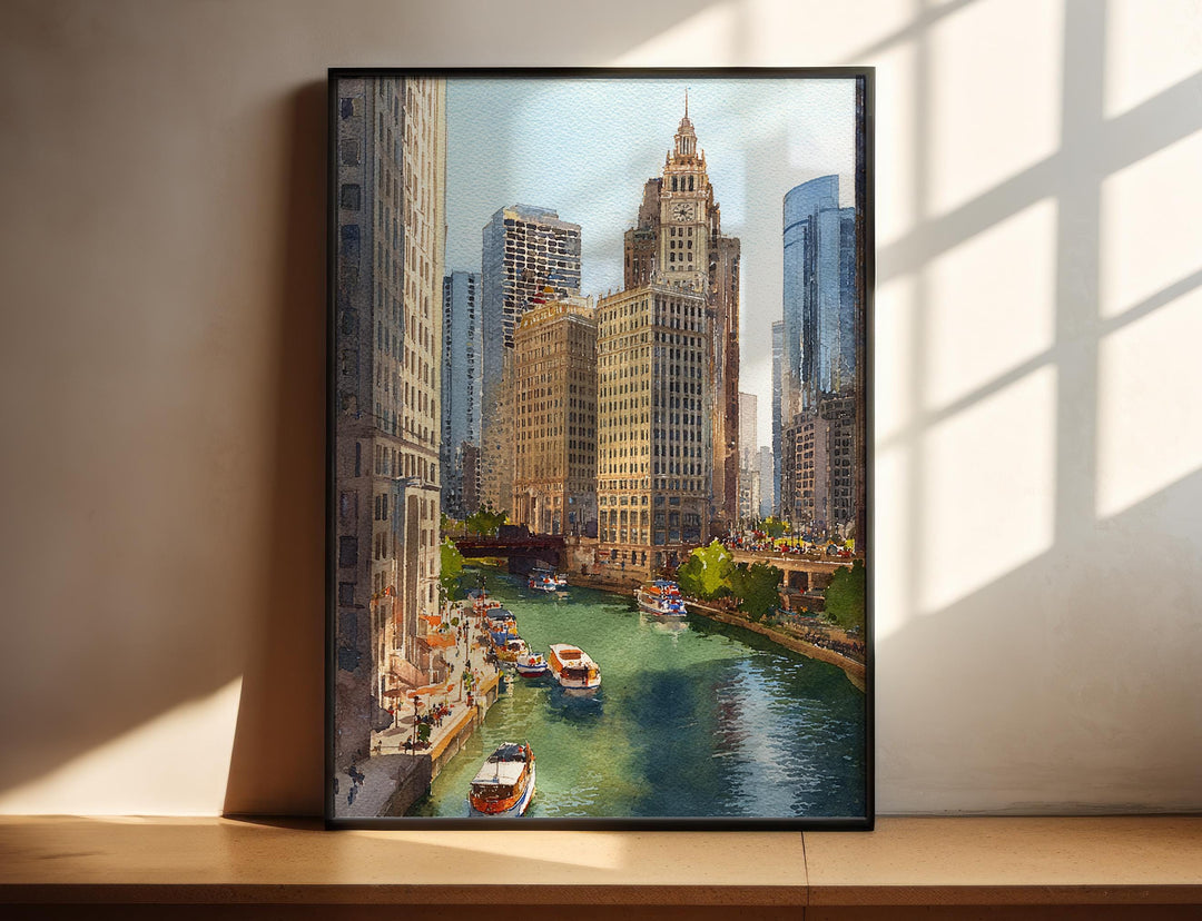 Chicago River watercolor wall art featuring the Wrigley Building, riverwalk, and iconic skyline in a timeless watercolor cityscape design.