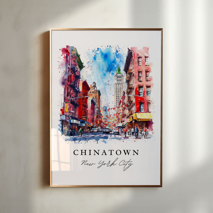 Chinatown New York City watercolor wall art in a gold frame featuring colorful streets, festive lanterns, and vibrant neighborhood charm.