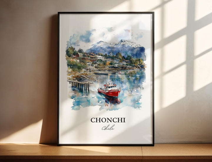 Chonchi welcomes peaceful waterfront moments where colorful fishing boats reflect majestic mountain scenery.